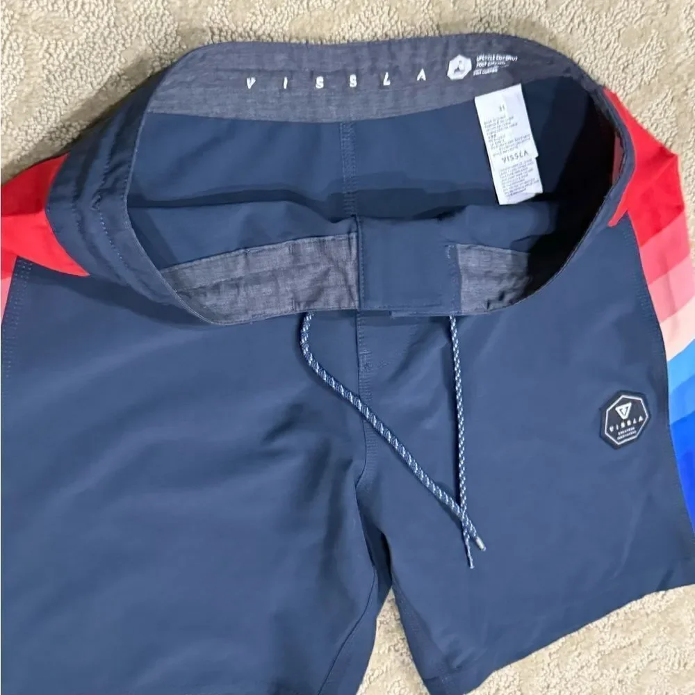 VISSLA Men’s 31 Dark Blue Board Shorts with Red and Blue Rainbow Stripes